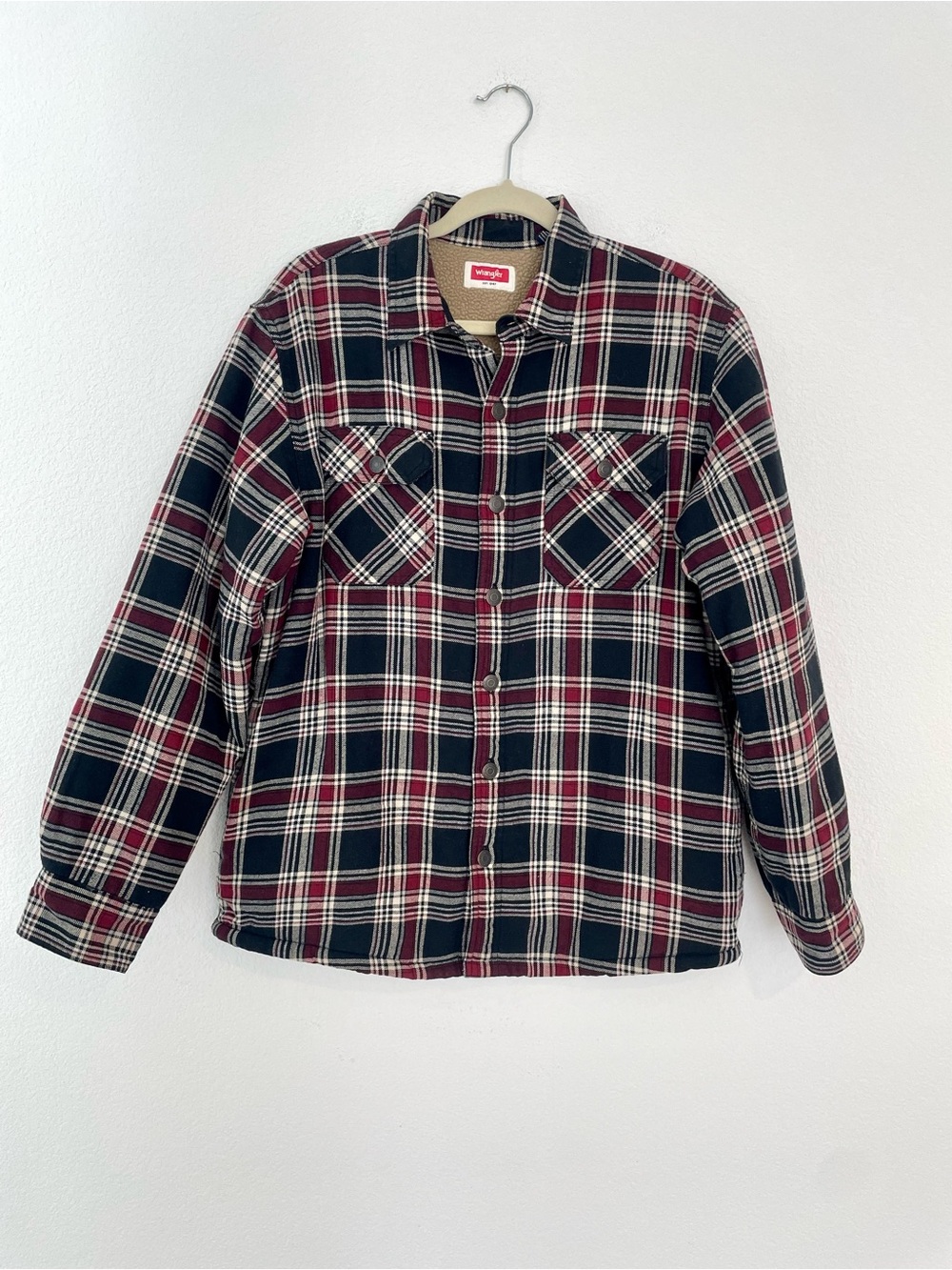 Wrangler Men's Heavyweight Sherpa-Lined Black & Red Plaid Flannel Shirt Jacket